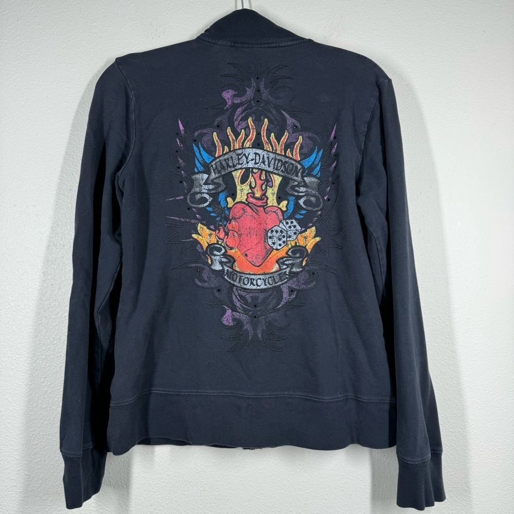Vintage Y2K Harley Davidson Zip Up Jacket Black Bedazzled Embroidered Large - Picture 6 of 10